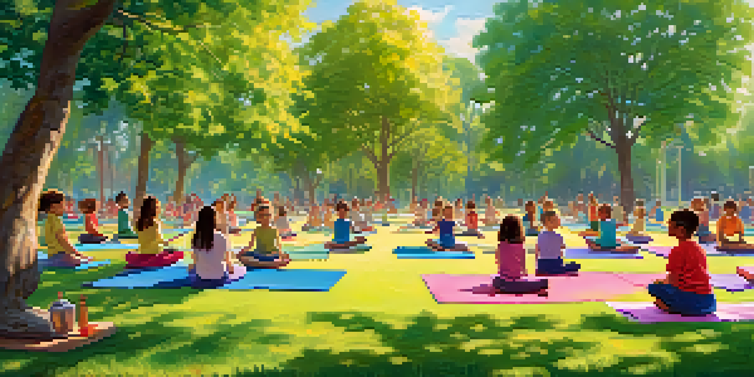 A lively outdoor yoga class for kids with diverse children practicing yoga poses on colorful mats under a sunny sky.