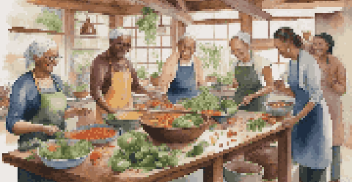 A lively cooking workshop with participants preparing fresh vegetables at a wooden table, illuminated by natural light.