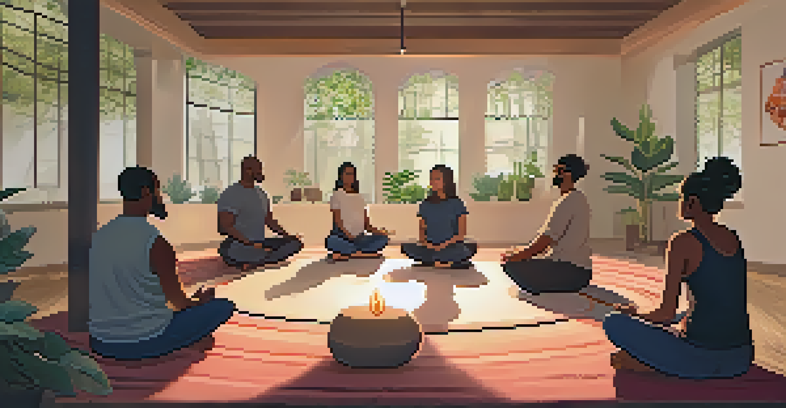 A group of diverse individuals sitting in a circle during a mindfulness workshop, engaged in meditation.