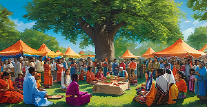 A diverse group of people in traditional clothing celebrating their cultural heritage in a park, sharing food and stories.