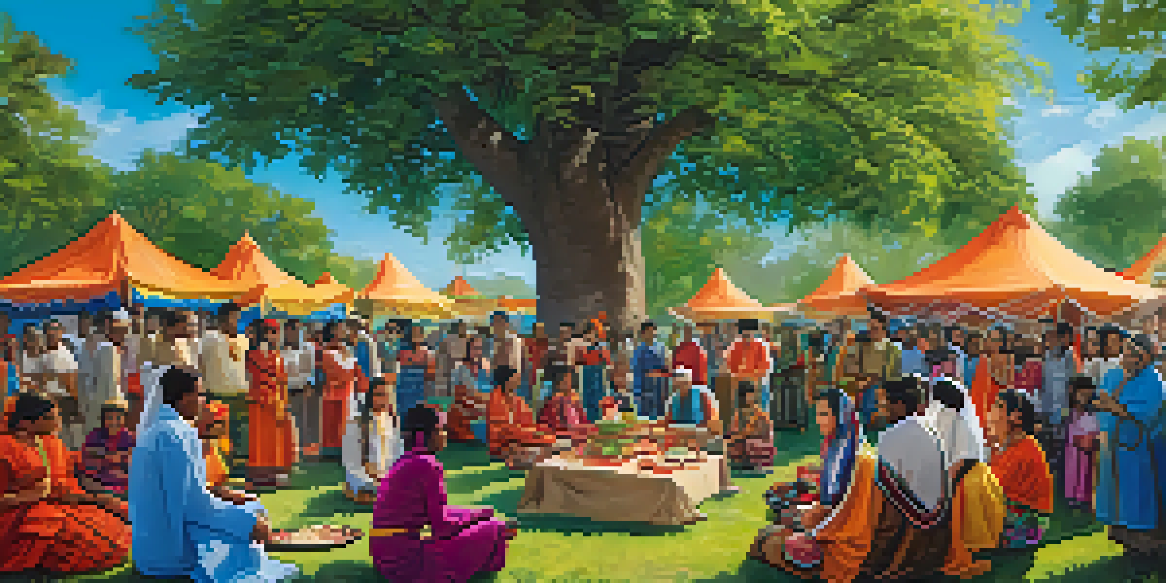 A diverse group of people in traditional clothing celebrating their cultural heritage in a park, sharing food and stories.