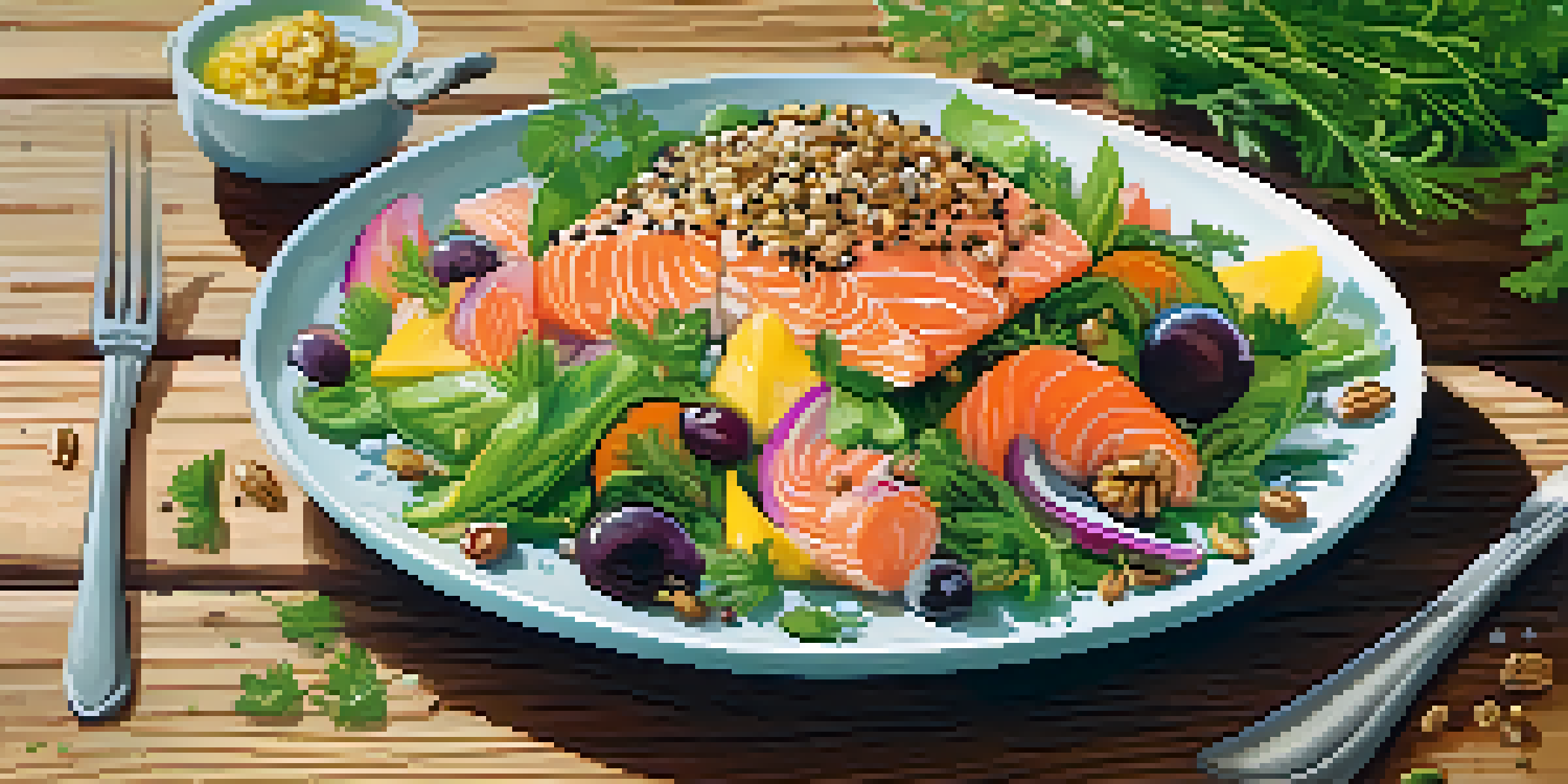 A close-up of a colorful salad with salmon, walnuts, and flaxseeds on a rustic wooden table, illuminated by soft natural light.