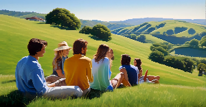 A group of friends sitting on a grassy hill, talking and enjoying the warm sunlight with a blue sky in the background.