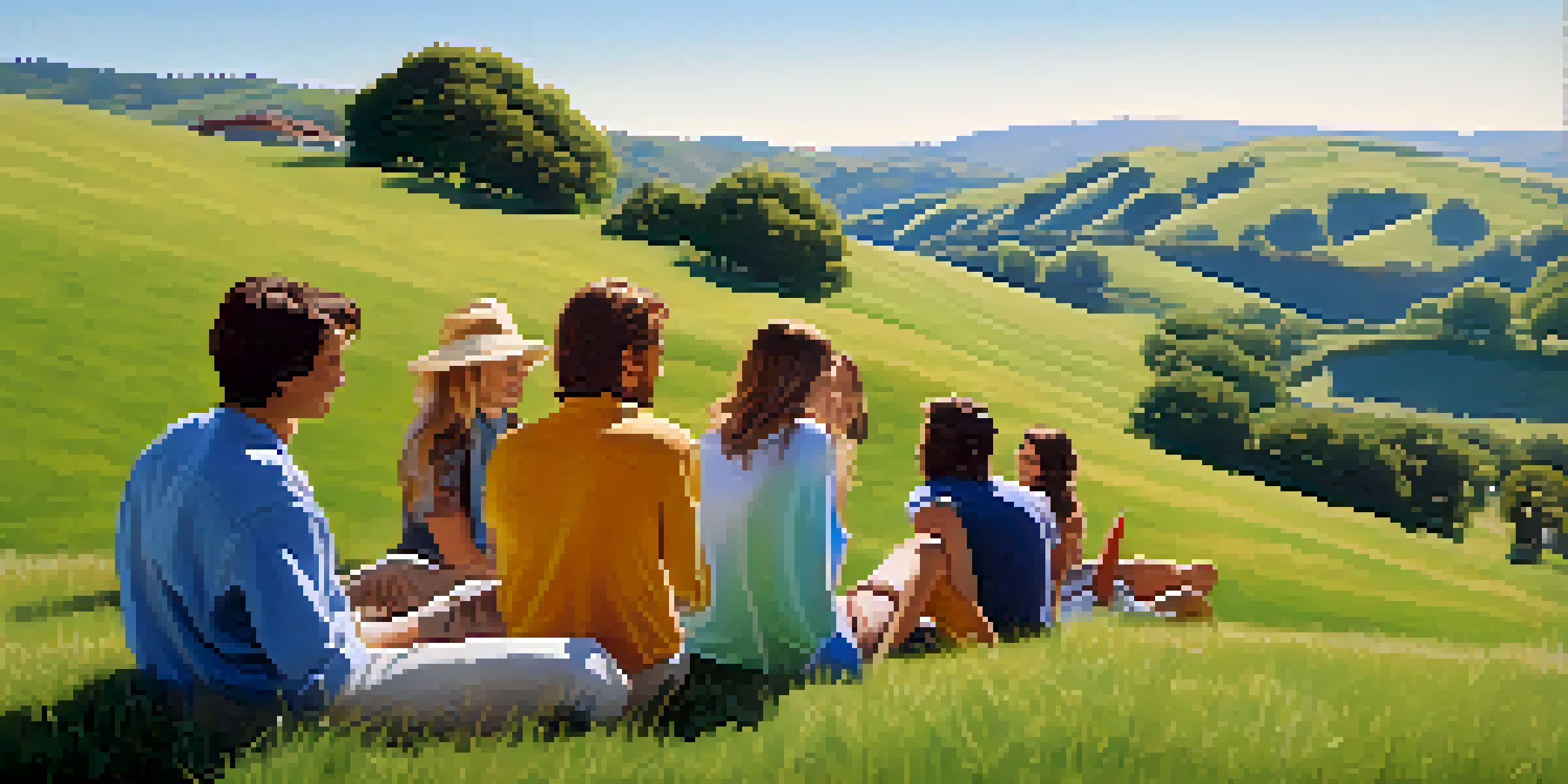 A group of friends sitting on a grassy hill, talking and enjoying the warm sunlight with a blue sky in the background.