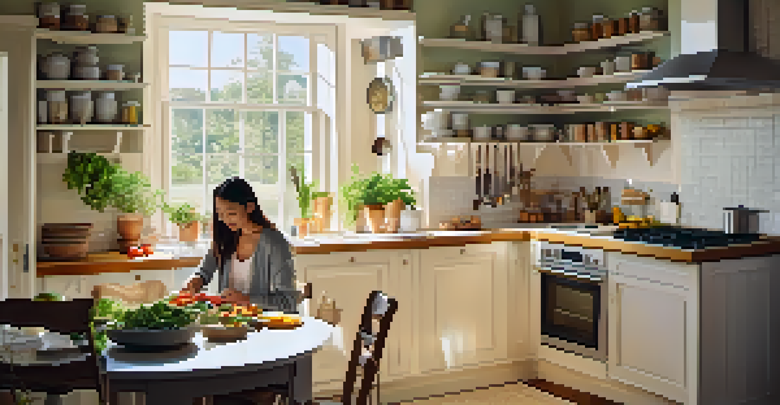 A bright, tidy kitchen where a person is preparing a meal with fresh ingredients, embodying mindfulness.