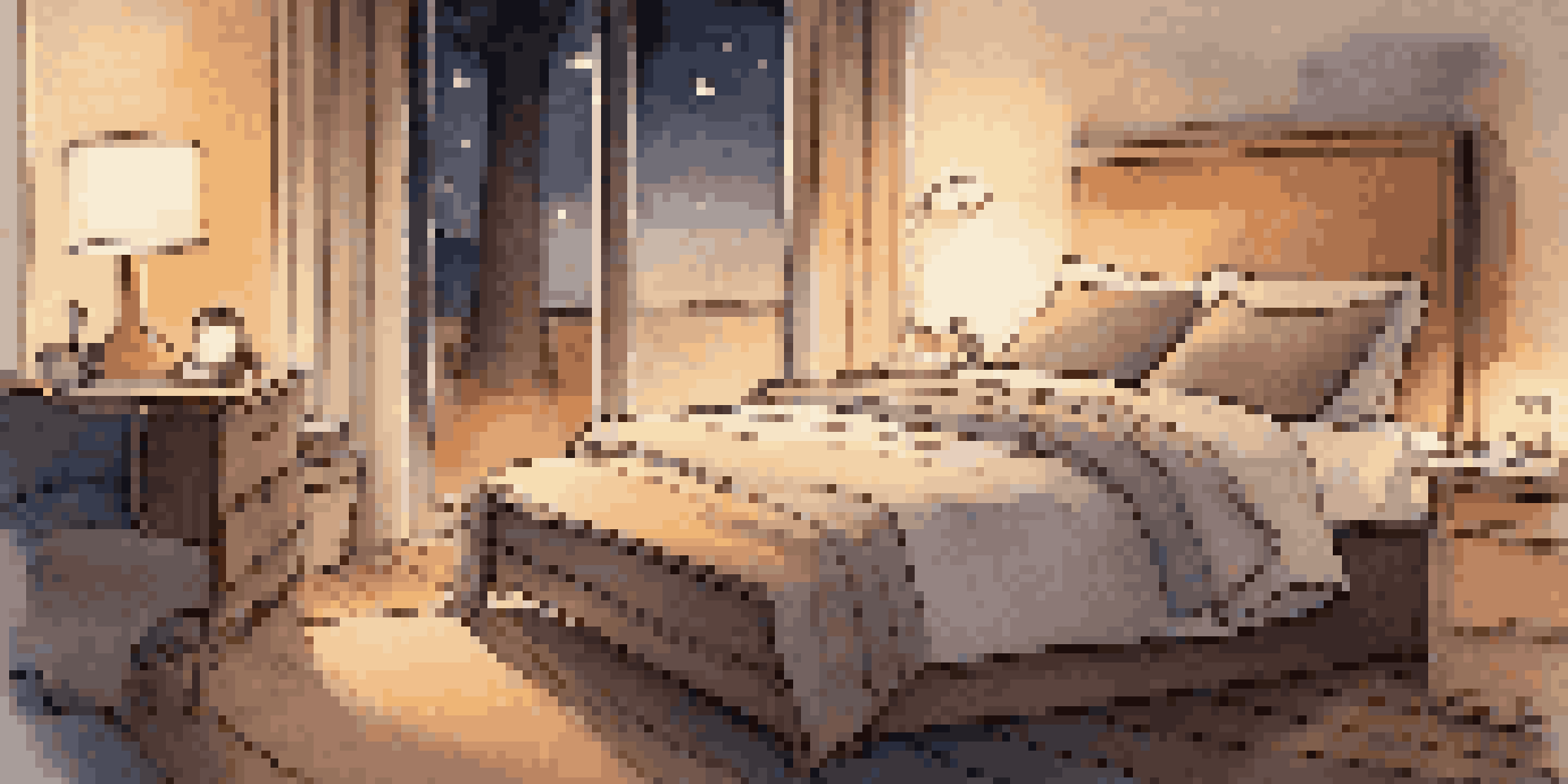 A serene bedroom with a neatly made bed and a smartphone on the bedside table, illuminated by a warm lamp, creating a peaceful night-time environment.