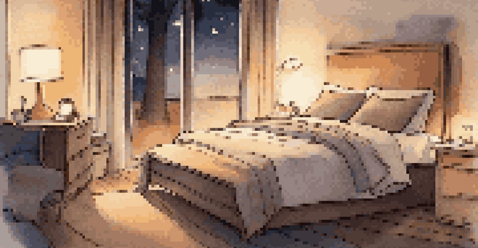 A serene bedroom with a neatly made bed and a smartphone on the bedside table, illuminated by a warm lamp, creating a peaceful night-time environment.