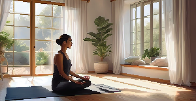 A person practicing mindfulness through meditation in a sunlit room filled with plants and soft decor.