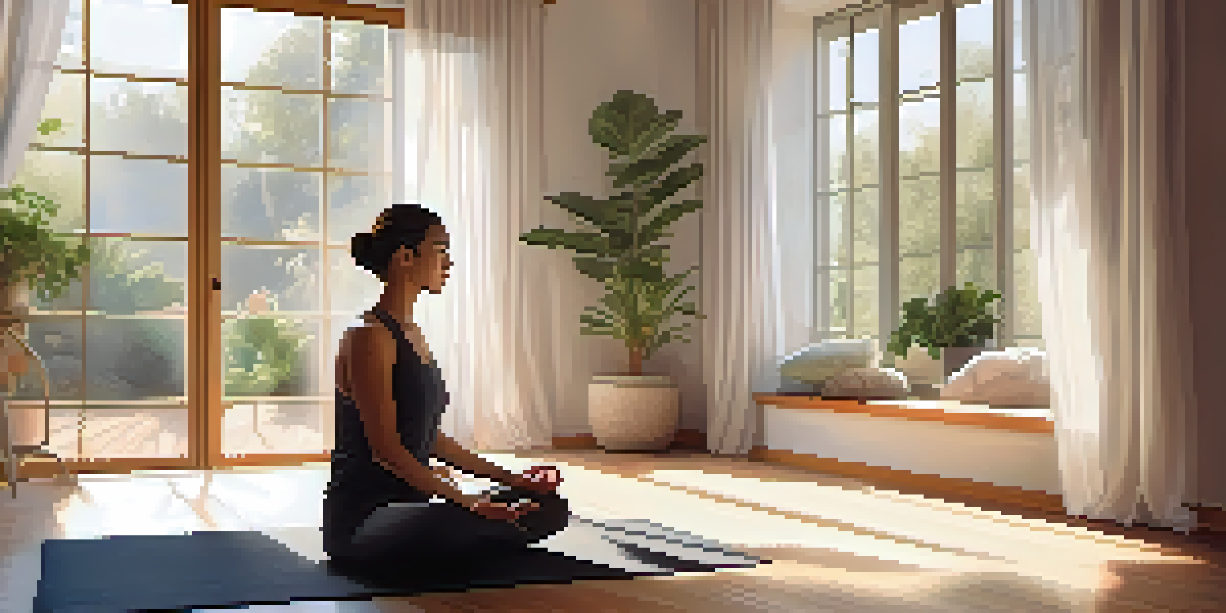 A person practicing mindfulness through meditation in a sunlit room filled with plants and soft decor.