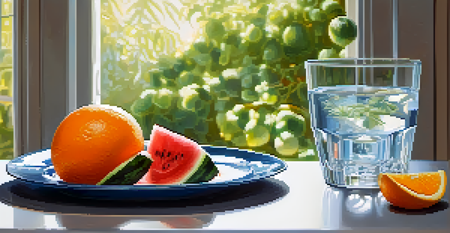 A glass of water next to a plate of watermelon and oranges in a sunlit kitchen.