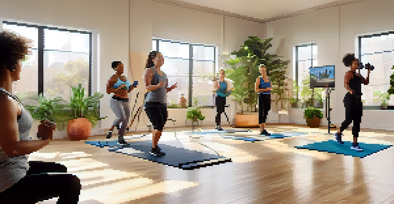 A group of people following a virtual fitness class in a bright living room.