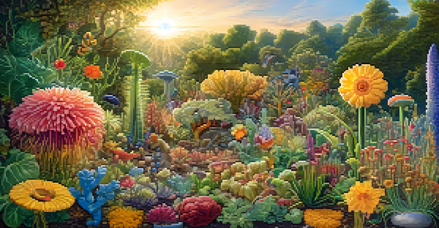 A colorful garden representing the gut microbiome with friendly creatures as probiotics.