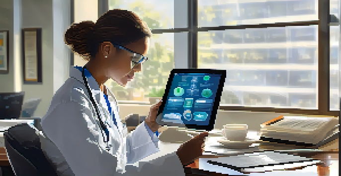 A healthcare professional reviewing an electronic health record on a digital tablet in a well-lit office with medical books and a stethoscope.