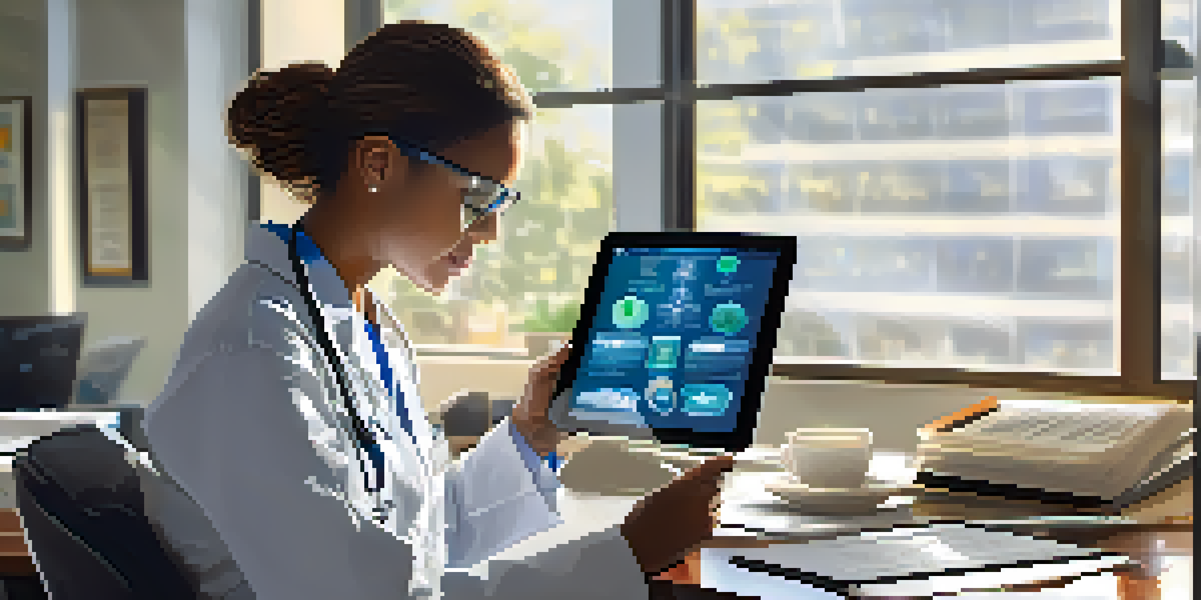 A healthcare professional reviewing an electronic health record on a digital tablet in a well-lit office with medical books and a stethoscope.
