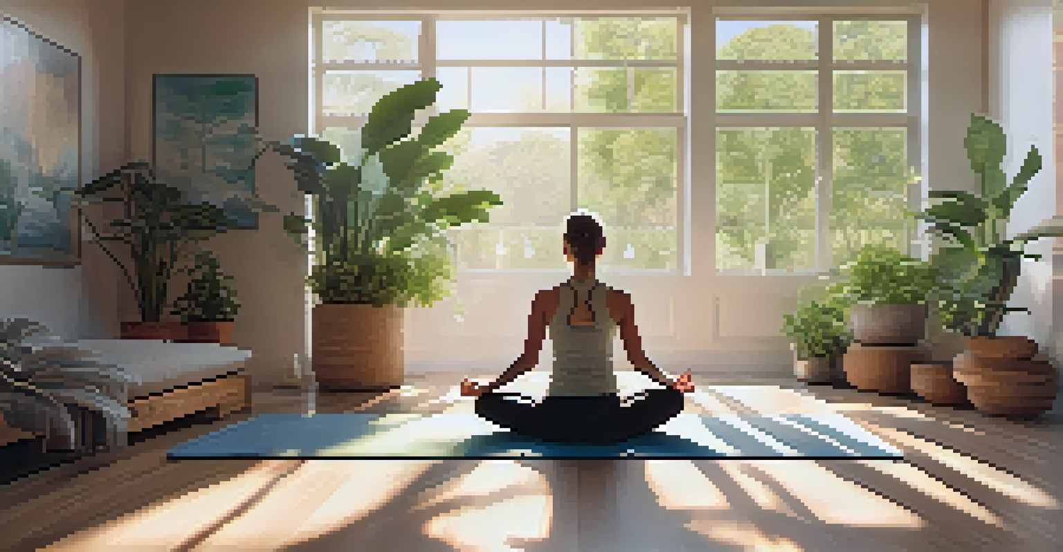 A person practicing yoga in a cozy indoor space filled with plants and natural light, in a meditative pose.