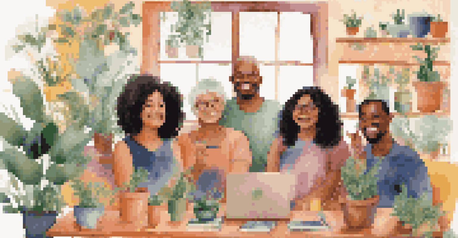 A diverse group of people smiling during a video call, illustrating connection in an online community.