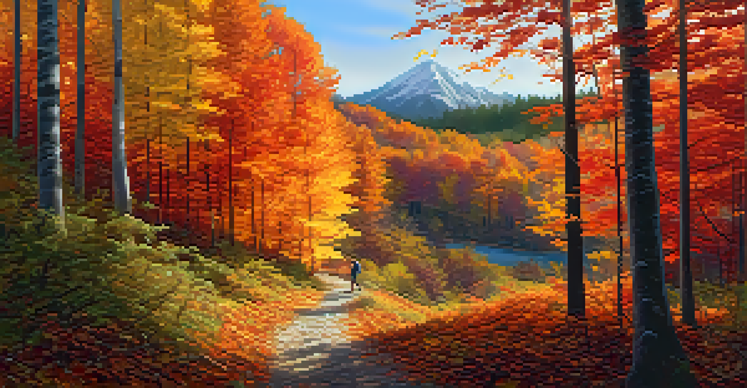 A person hiking on a colorful autumn trail surrounded by trees with vibrant fall foliage.