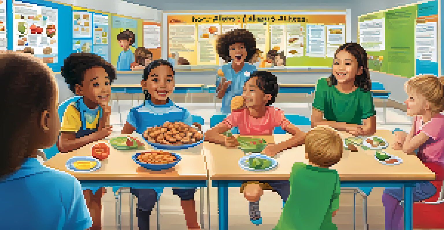 A colorful educational poster about food allergies in a classroom, with students engaging with the information.