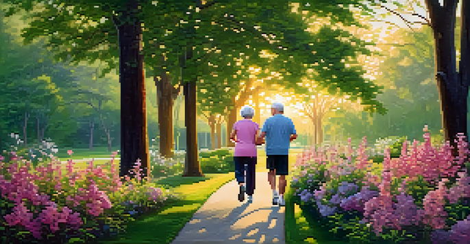 An elderly couple jogging in a vibrant park at sunrise, surrounded by flowers and trees, conveying a sense of vitality and joy.