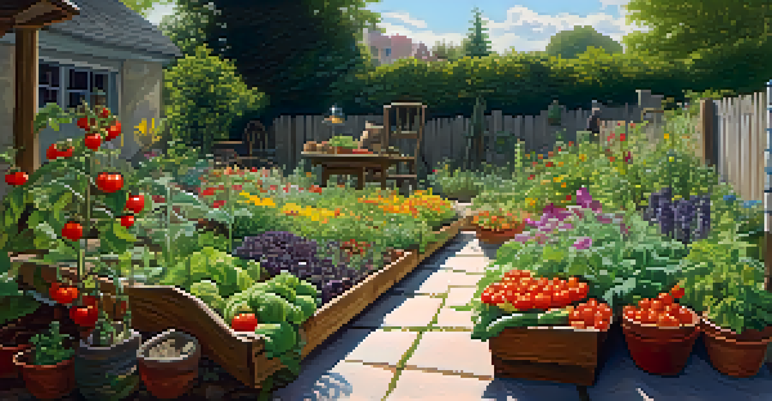 A person gardening in a bright and colorful vegetable garden, with blooming flowers and ripe tomatoes under the sun.