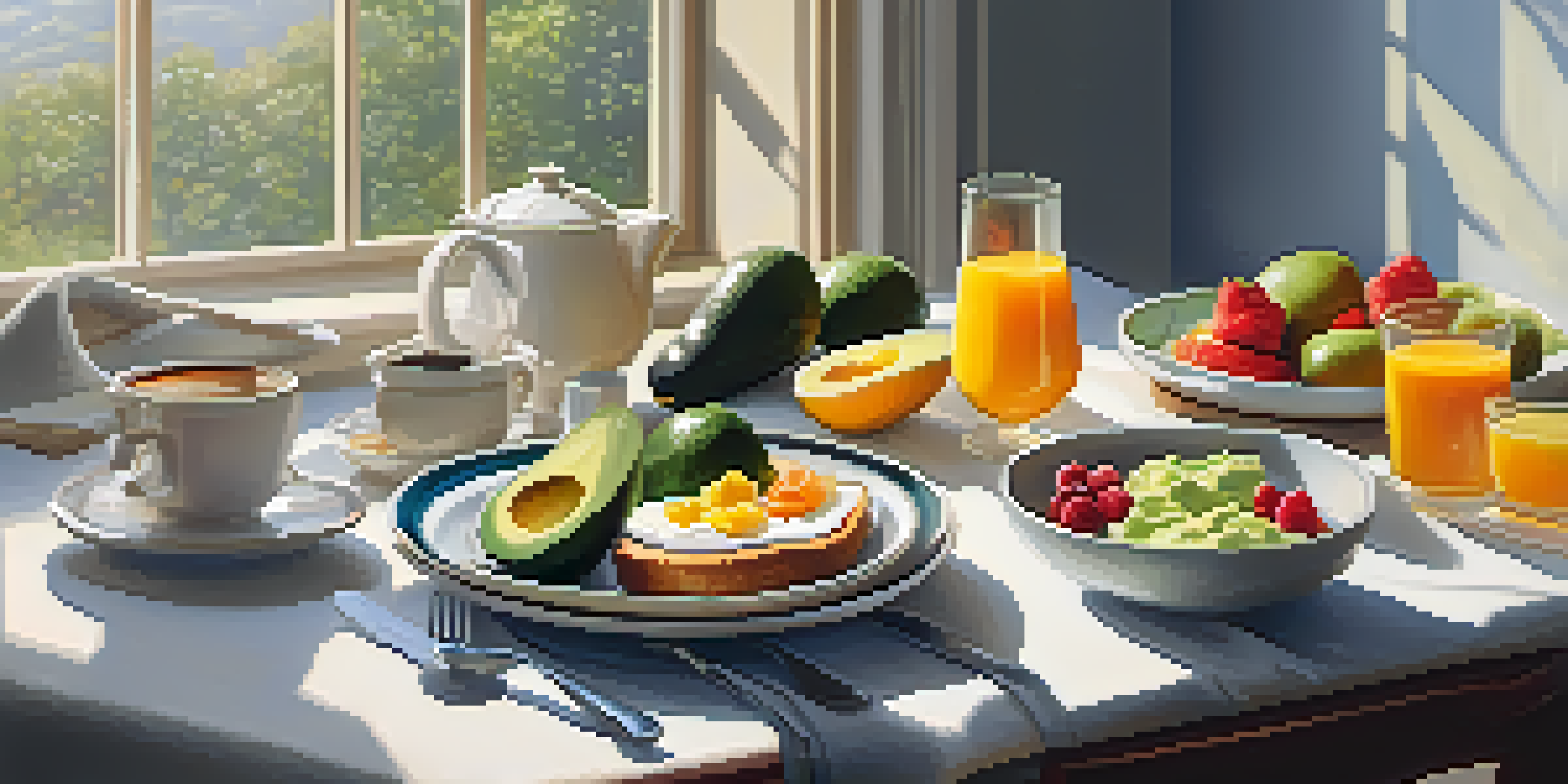 A breakfast table with avocado toast, fresh fruit, oatmeal, and coffee in a sunlit room.