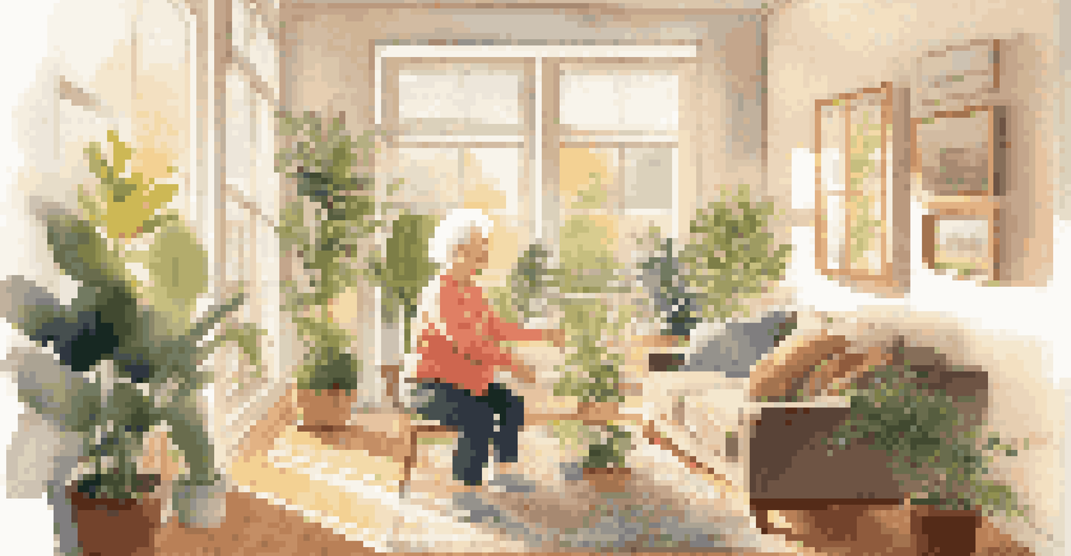 An elderly couple exercising in a bright living room with plants, doing bodyweight exercises together and smiling.