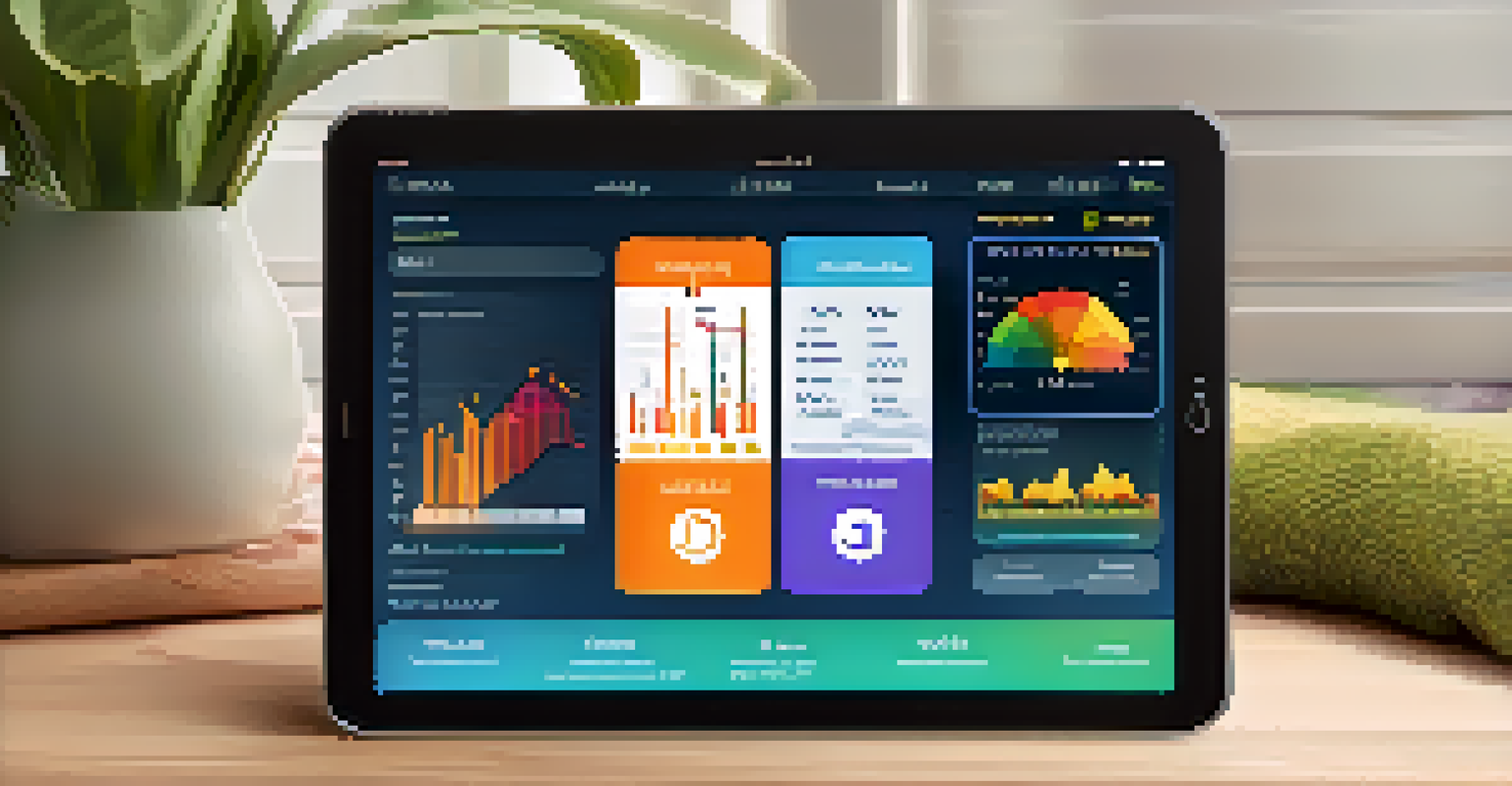 A digital tablet showing a pain management app interface with colorful charts and icons, set in a cozy home environment.