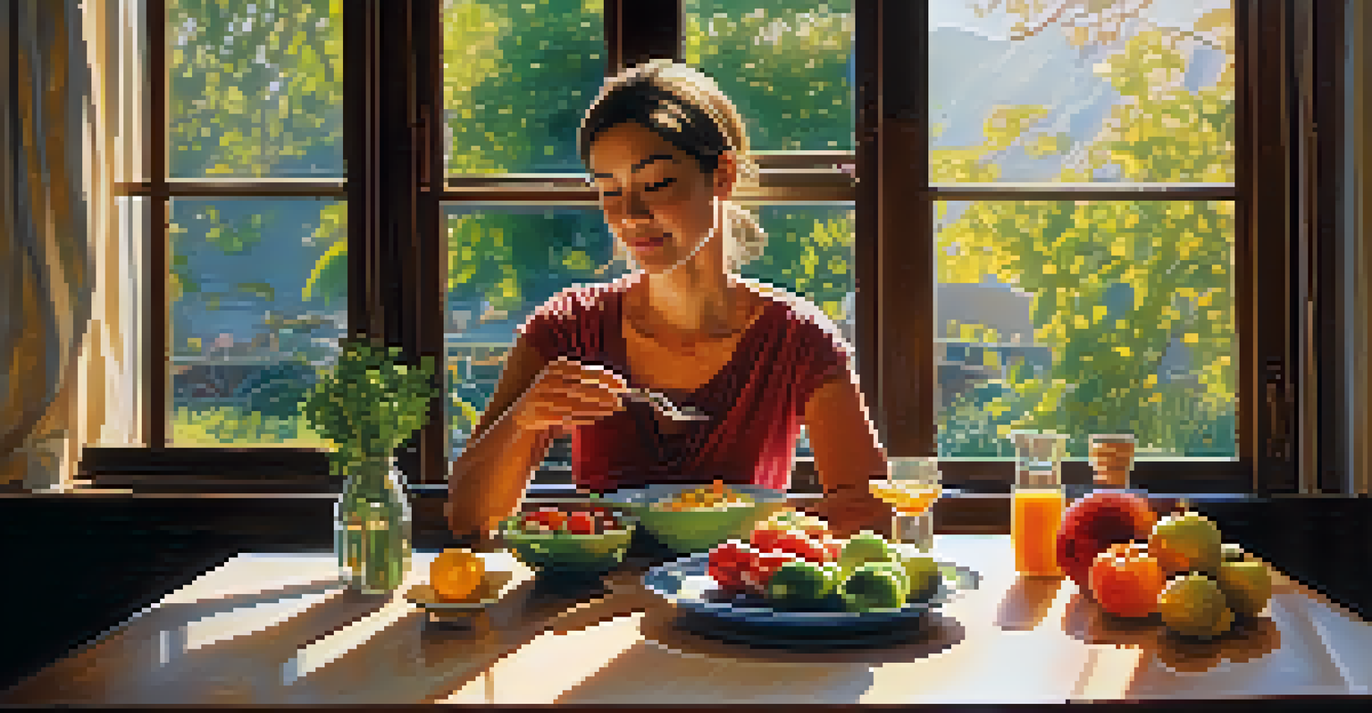 A person practicing mindfulness while enjoying a meal at a wooden table, surrounded by vibrant fruits and vegetables.