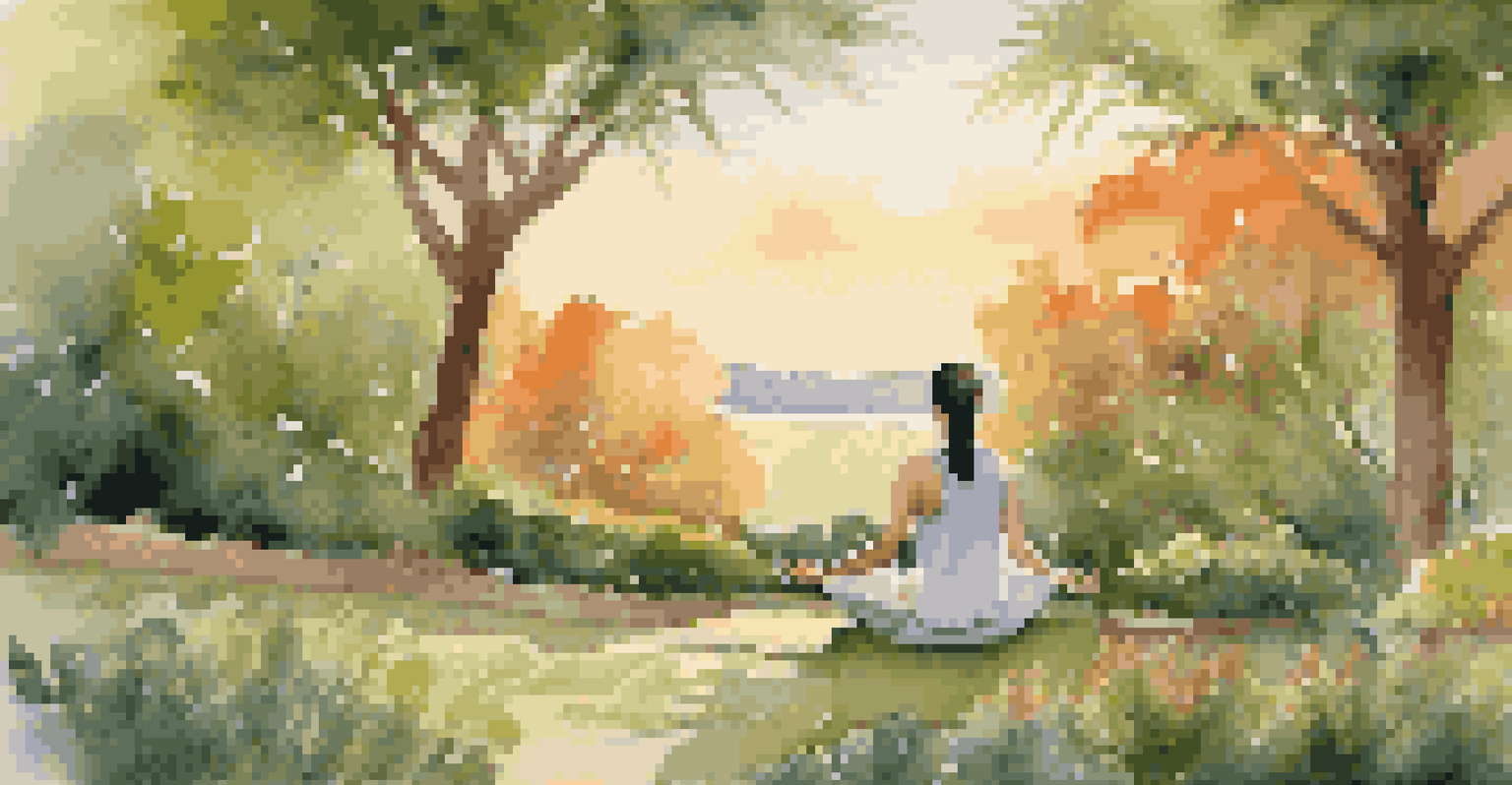 A person meditating in a peaceful garden during sunset with warm colors and lush greenery.