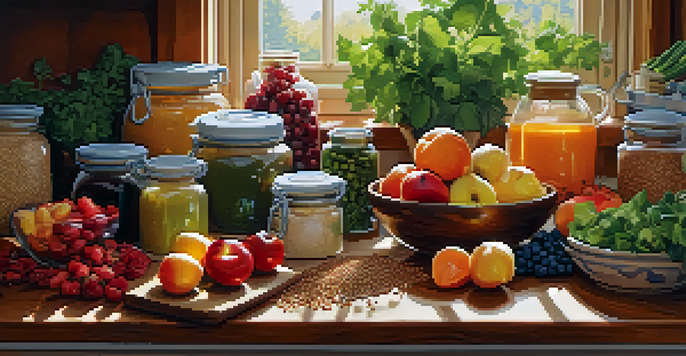 A bright kitchen filled with colorful fruits and vegetables on a countertop, with sunlight filtering through a window.