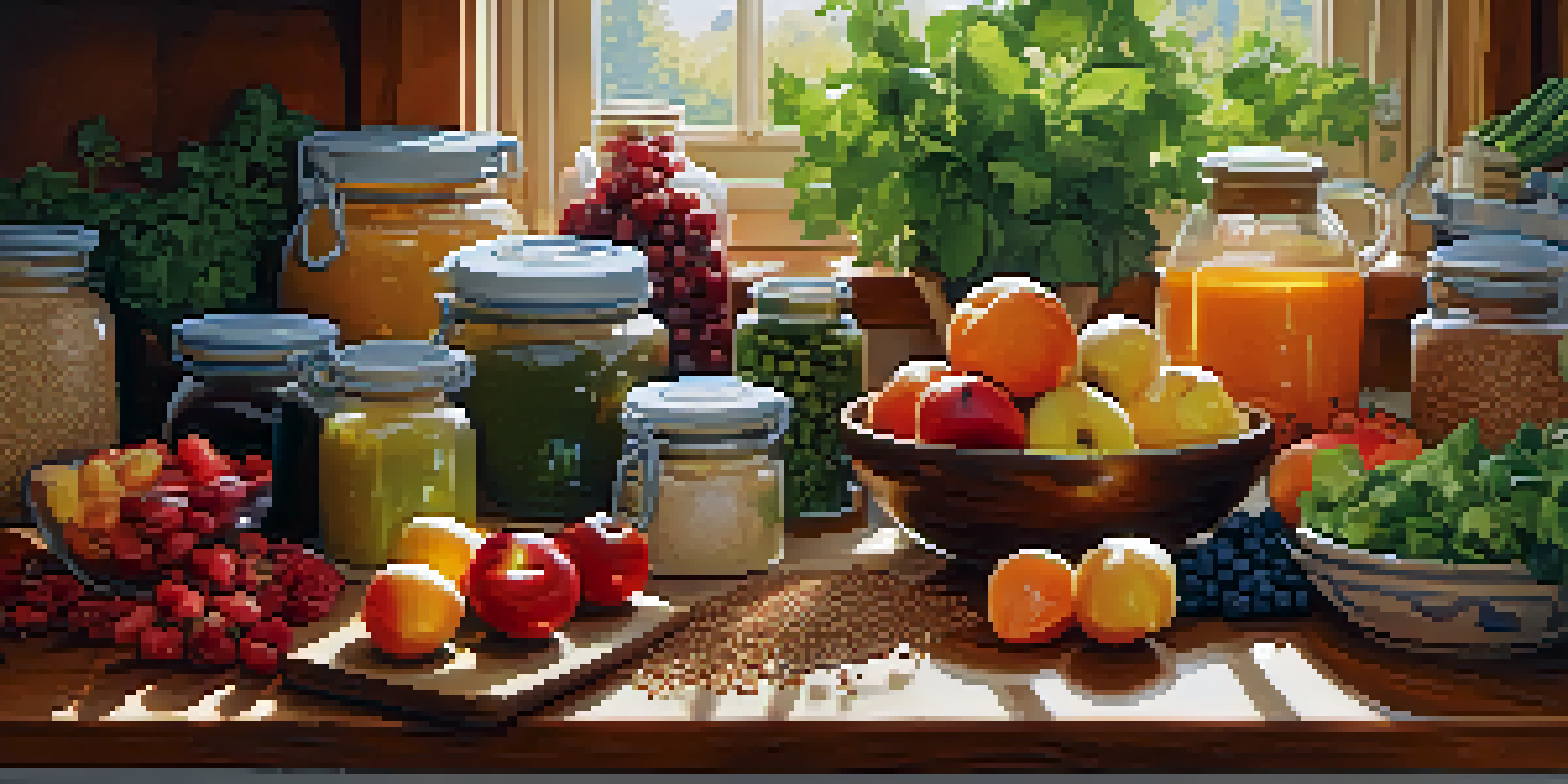 A bright kitchen filled with colorful fruits and vegetables on a countertop, with sunlight filtering through a window.