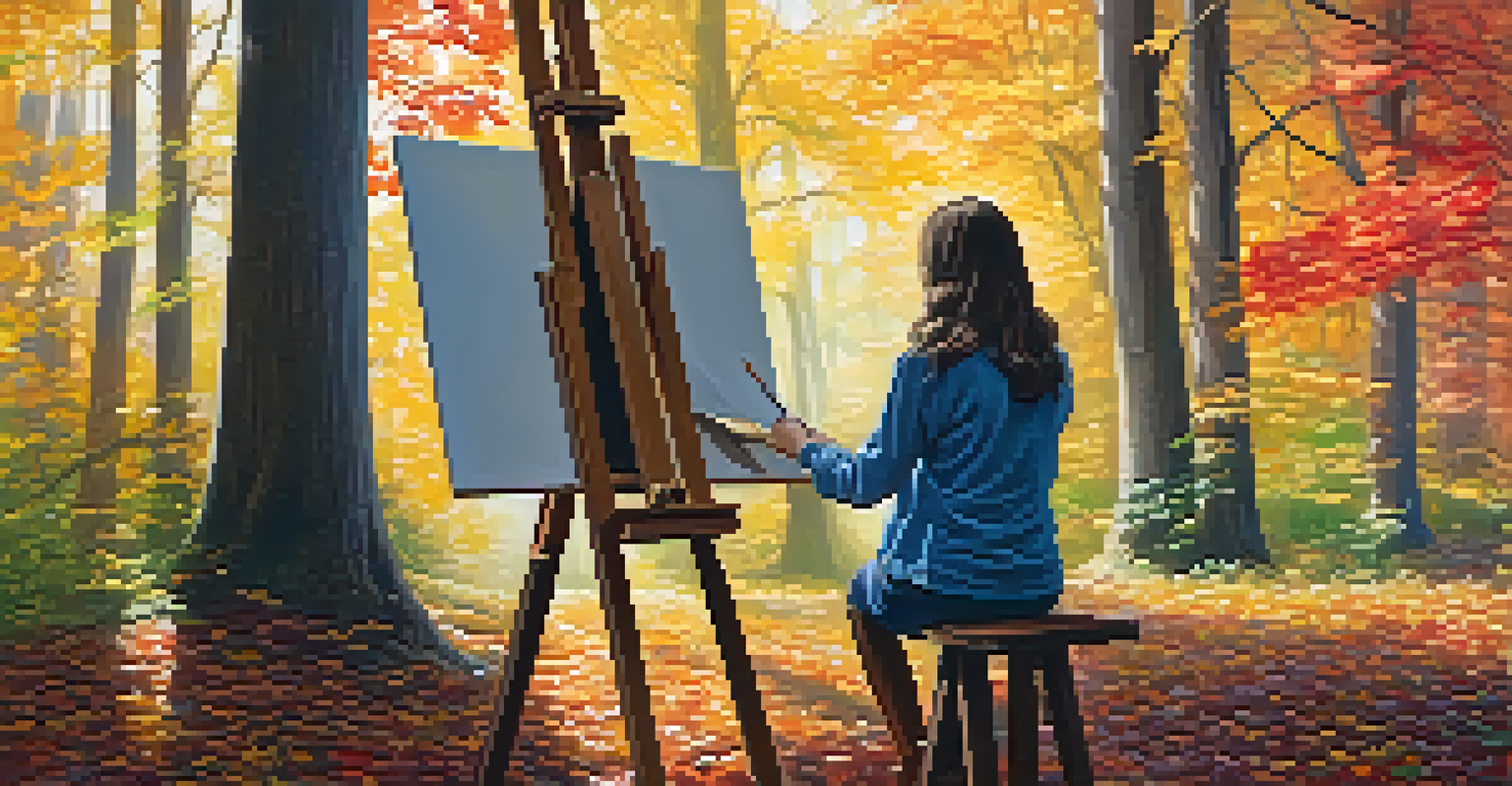 An artist painting in a peaceful forest setting, surrounded by autumn leaves and warm sunlight.
