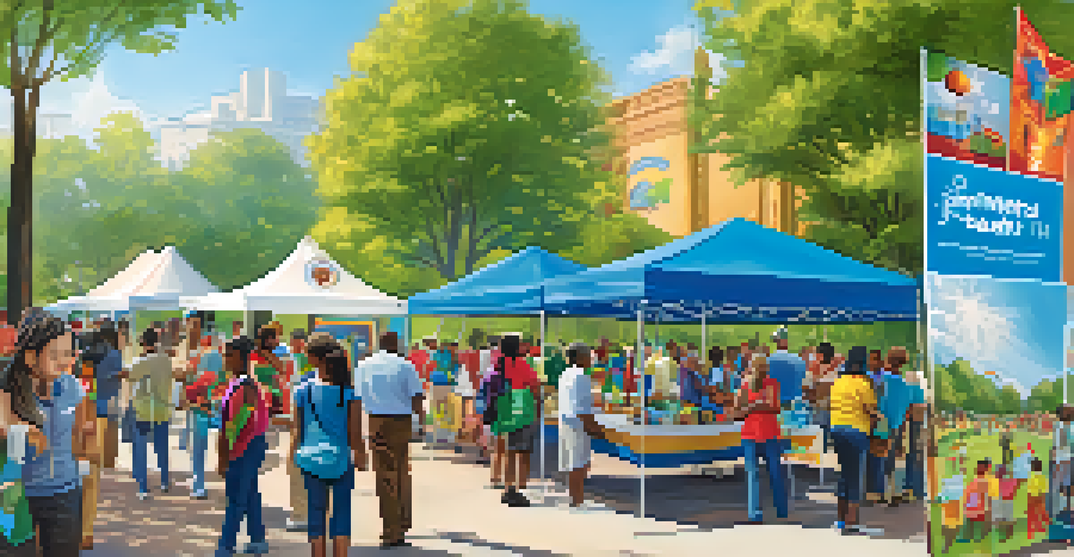 A lively community health fair in a park with booths offering health services and information.
