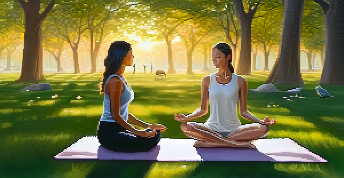 A woman meditating in a peaceful park during sunset, surrounded by greenery and flowers.