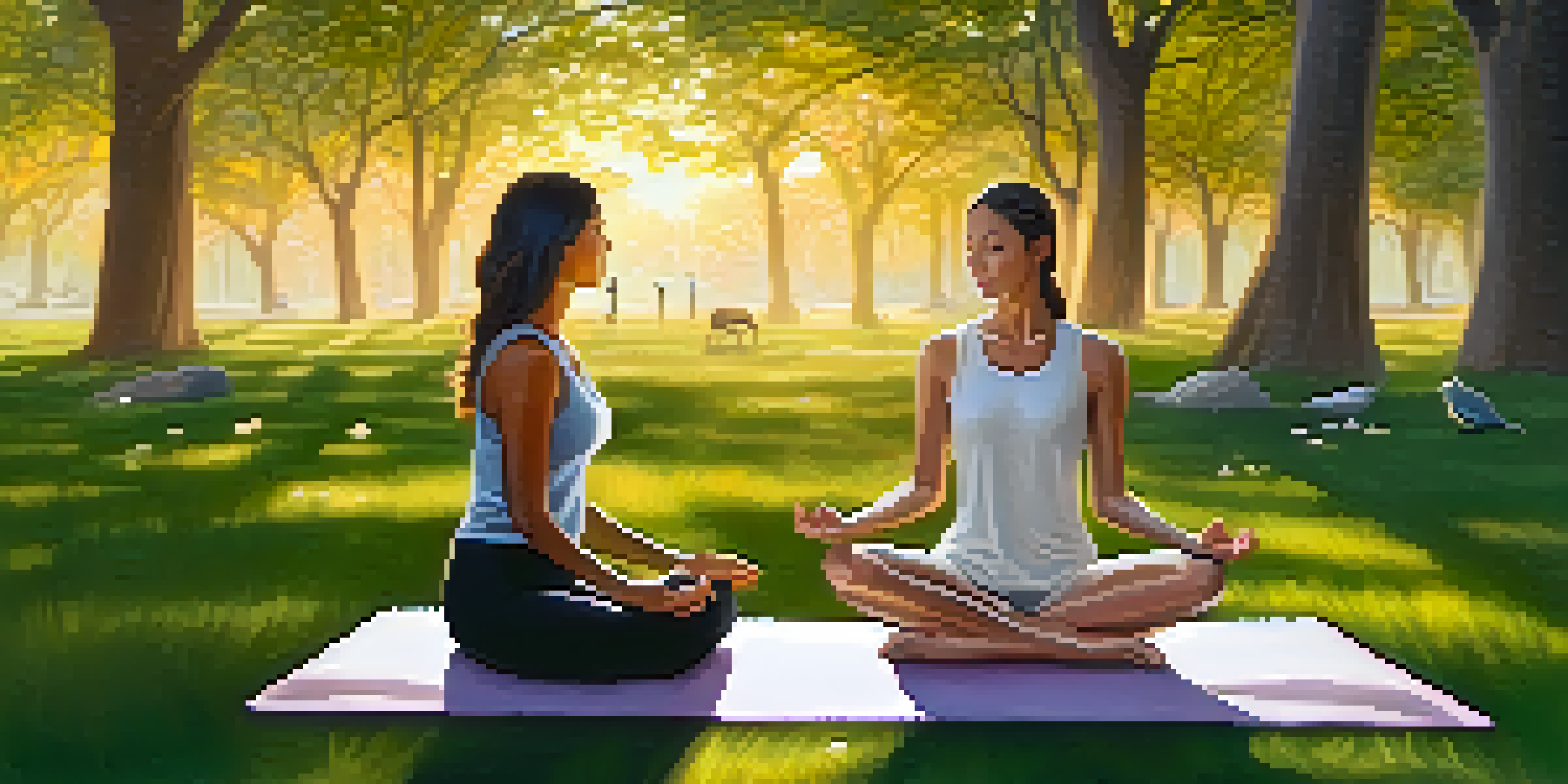 A woman meditating in a peaceful park during sunset, surrounded by greenery and flowers.