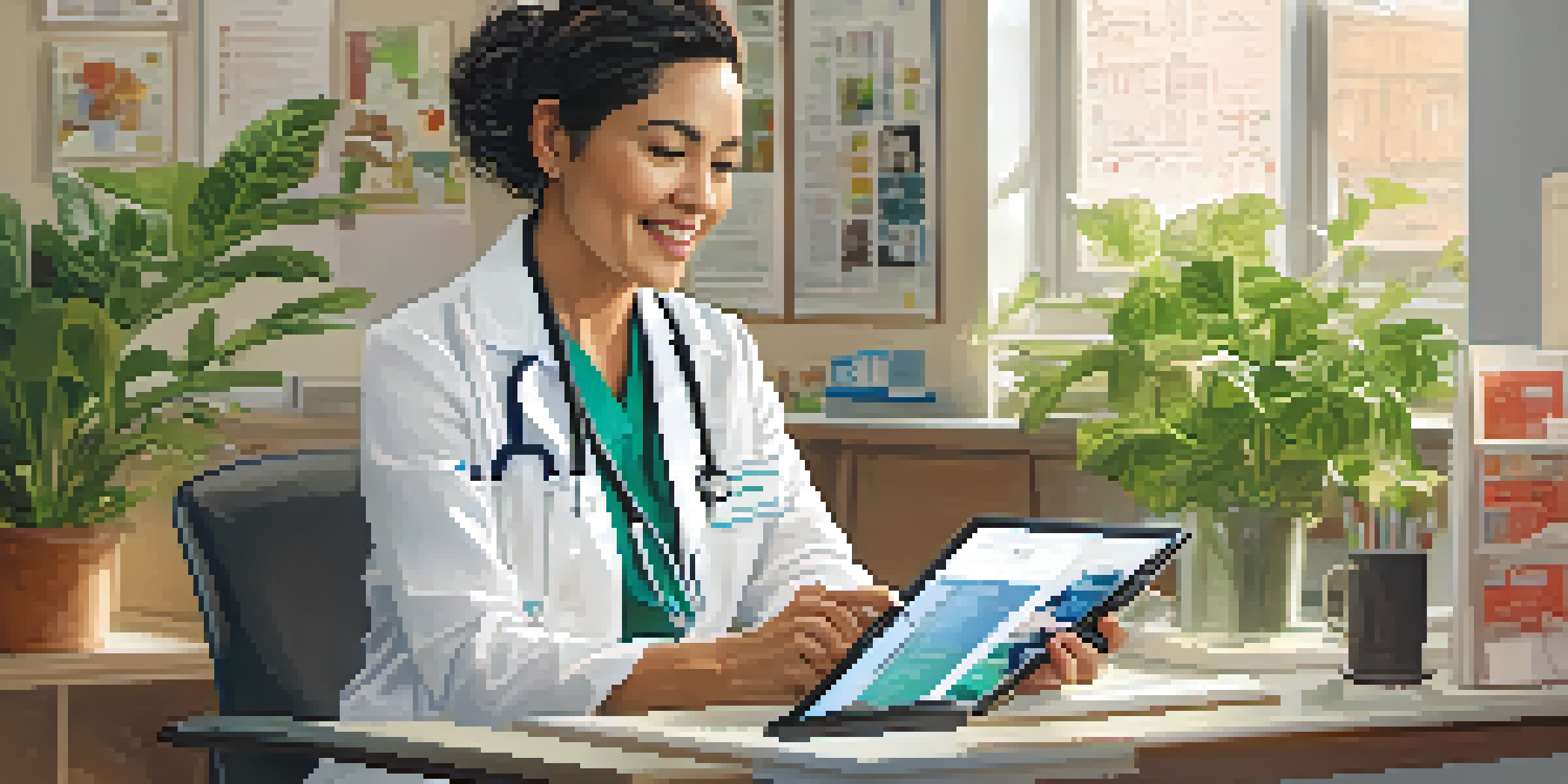 A Hispanic female healthcare professional listens attentively to a young Asian male patient using a tablet with a translation app in a bright clinic setting.