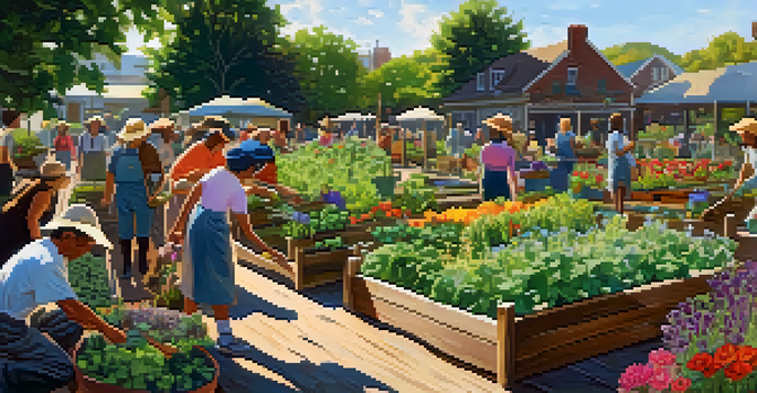 A lively community garden with people planting vegetables and herbs under sunlight, surrounded by blooming flowers and a wooden sign.