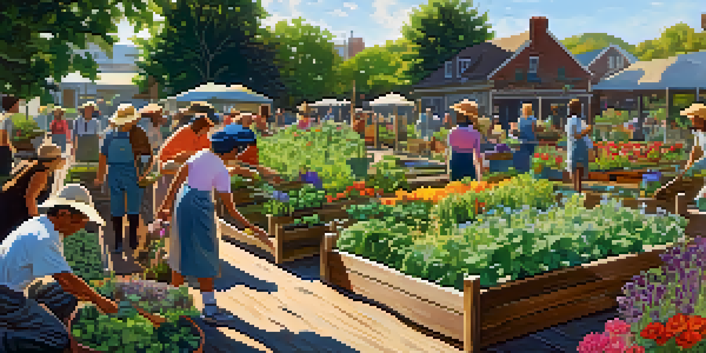 A lively community garden with people planting vegetables and herbs under sunlight, surrounded by blooming flowers and a wooden sign.
