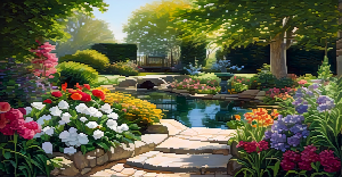 A peaceful garden filled with blooming flowers and lush greenery, with sunlight shining through the leaves and a pond in the background, symbolizing financial wellness.