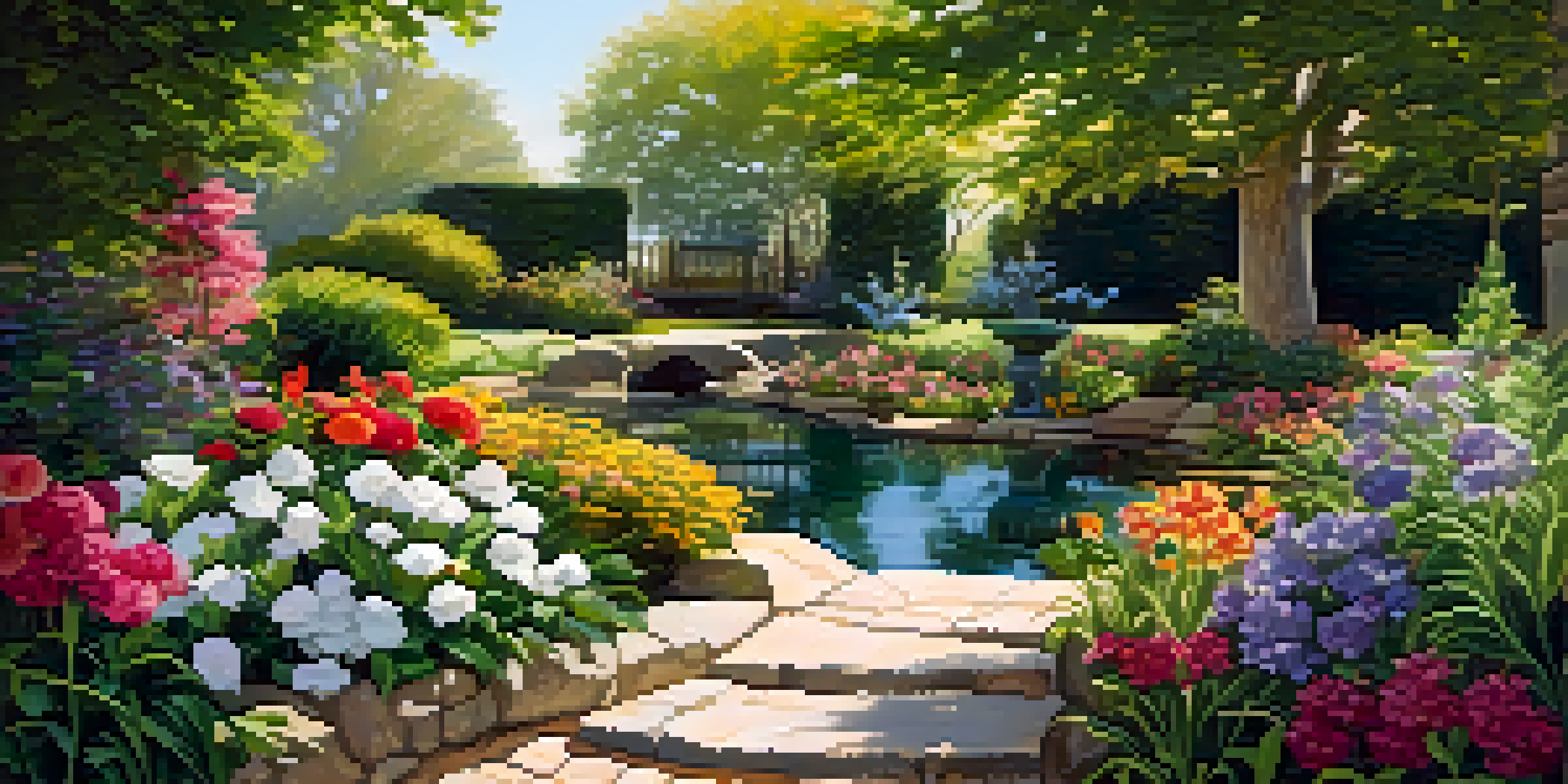 A peaceful garden filled with blooming flowers and lush greenery, with sunlight shining through the leaves and a pond in the background, symbolizing financial wellness.