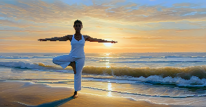 A person practicing yoga on a beach during sunrise, with waves gently lapping at the shore.