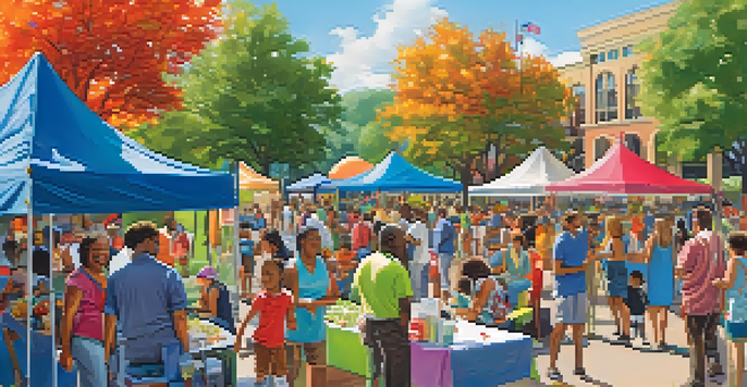 A community health fair in a park with booths and people participating in health screenings, surrounded by greenery and bright colors.