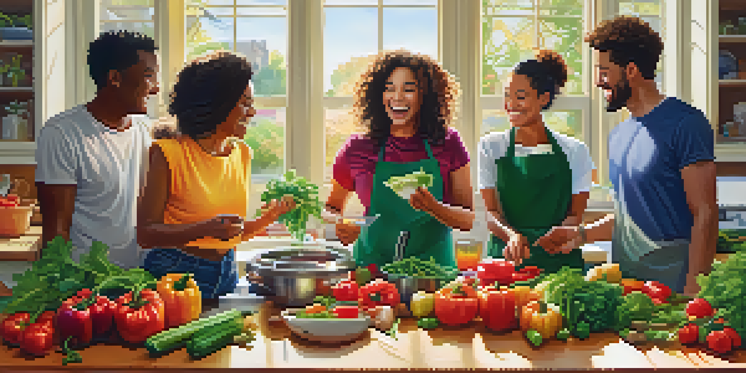 A group of friends in a bright kitchen, enjoying a healthy cooking challenge with colorful vegetables.