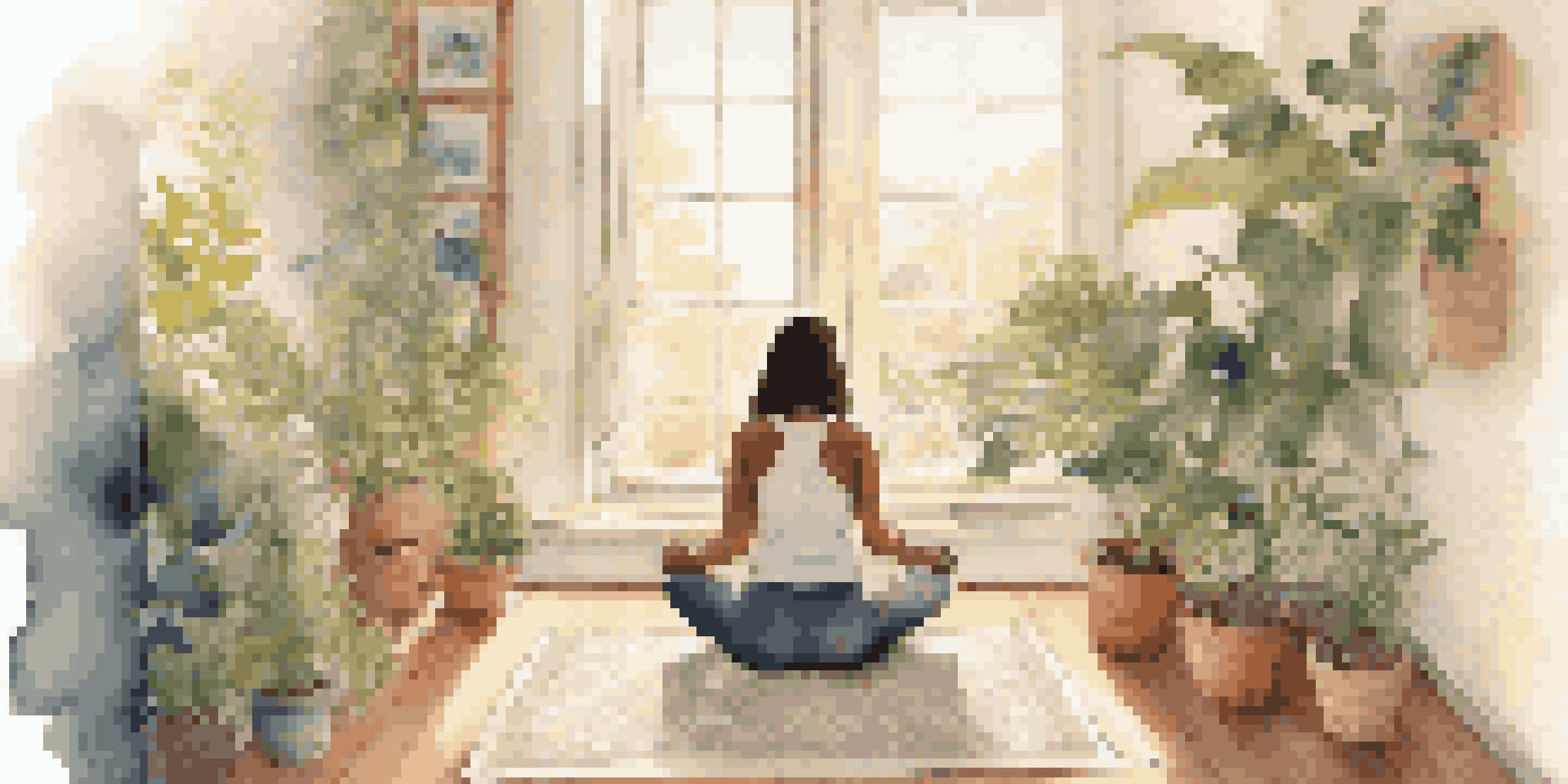 A person meditating on a yoga mat in a sunlit room filled with plants and soft pillows, with a journal and pen beside them.