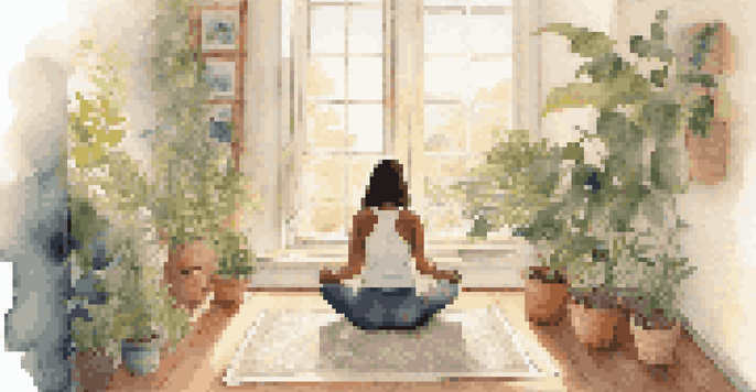 A person meditating on a yoga mat in a sunlit room filled with plants and soft pillows, with a journal and pen beside them.
