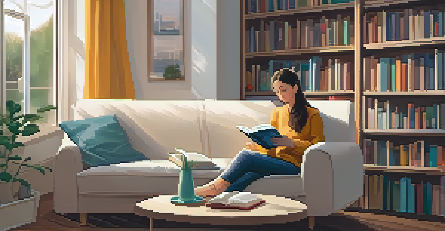 A parent reading a book to a child on a sofa in a cozy, warmly lit living room filled with books and cushions.
