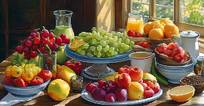 A table set with a variety of nutritious foods, including fruits, vegetables, and grains, illuminated by warm natural light.