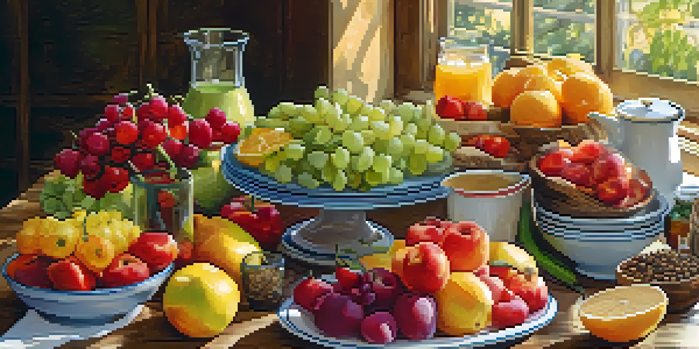 A table set with a variety of nutritious foods, including fruits, vegetables, and grains, illuminated by warm natural light.