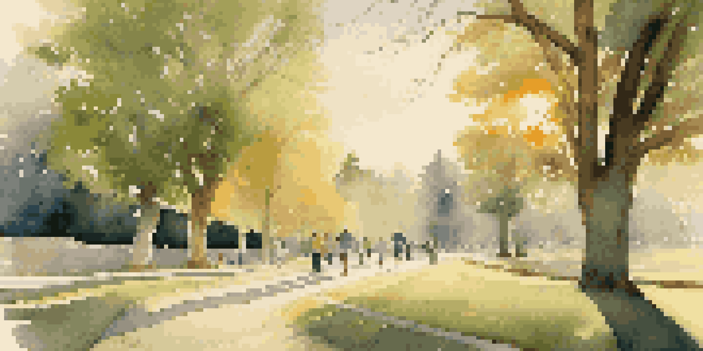 A peaceful park with a walking path where diverse men are exercising, illuminated by the warm glow of the setting sun.