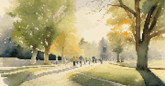 A peaceful park with a walking path where diverse men are exercising, illuminated by the warm glow of the setting sun.